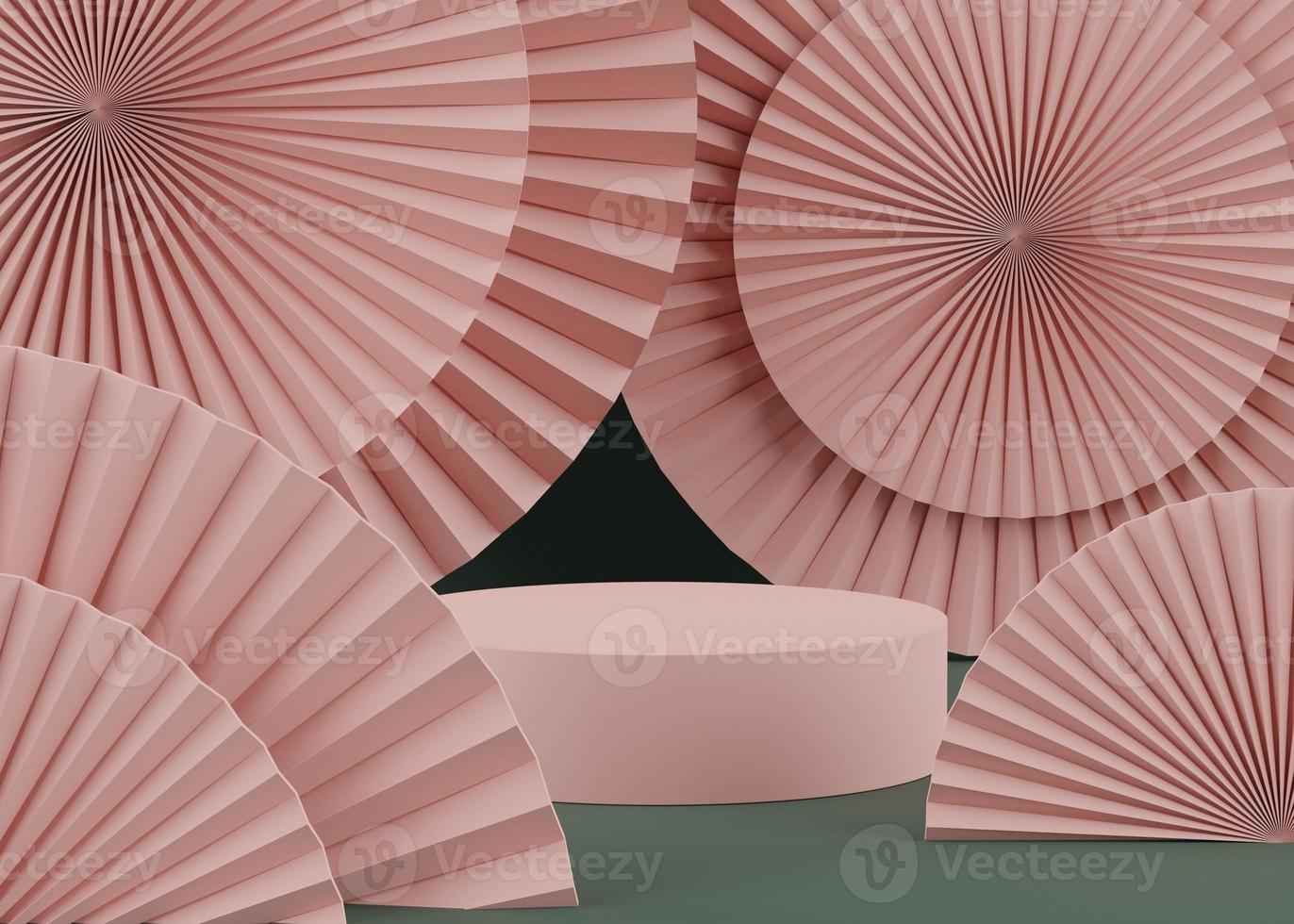 3D Podium stand with pastel color arches scene. Minimalist geometric vacant platform for mock up and presentation. Abstract background for commercial and cosmetic advertising. photo