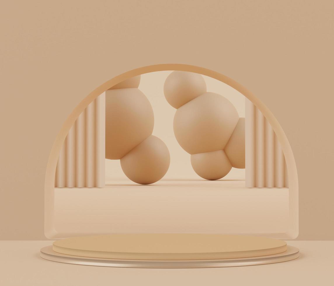 3D Podium stand with pastel color arches scene. Minimalist geometric vacant platform for mock up and presentation. Abstract background for commercial and cosmetic advertising. photo