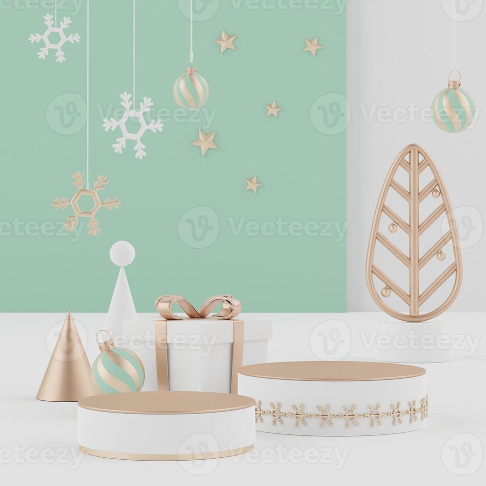 3d rendering scene of Christmas holiday concept decorate with tree and displays podium or pedestal for mock up and products presentation. photo