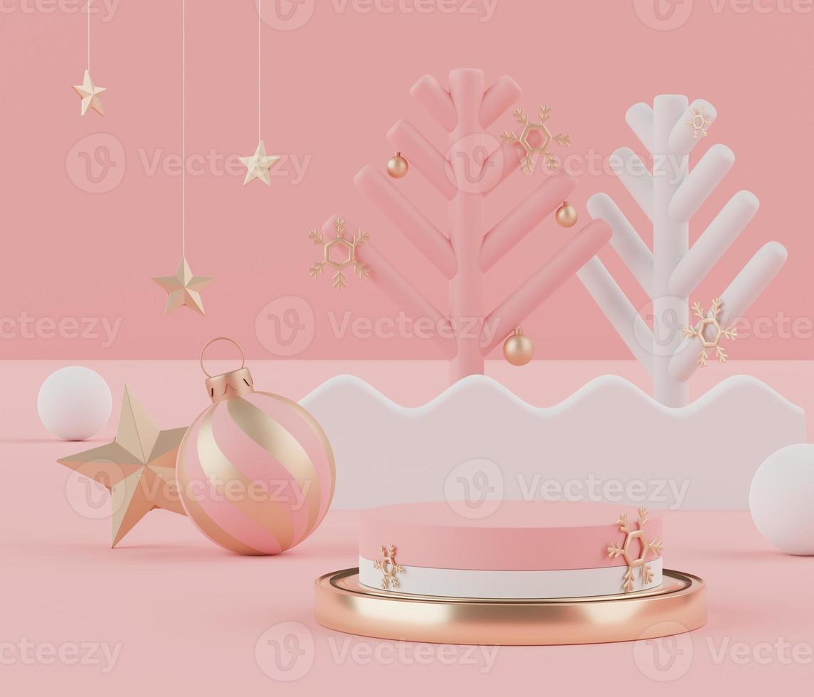 3d rendering scene of Christmas holiday concept decorate with tree and displays podium or pedestal for mock up and products presentation. photo