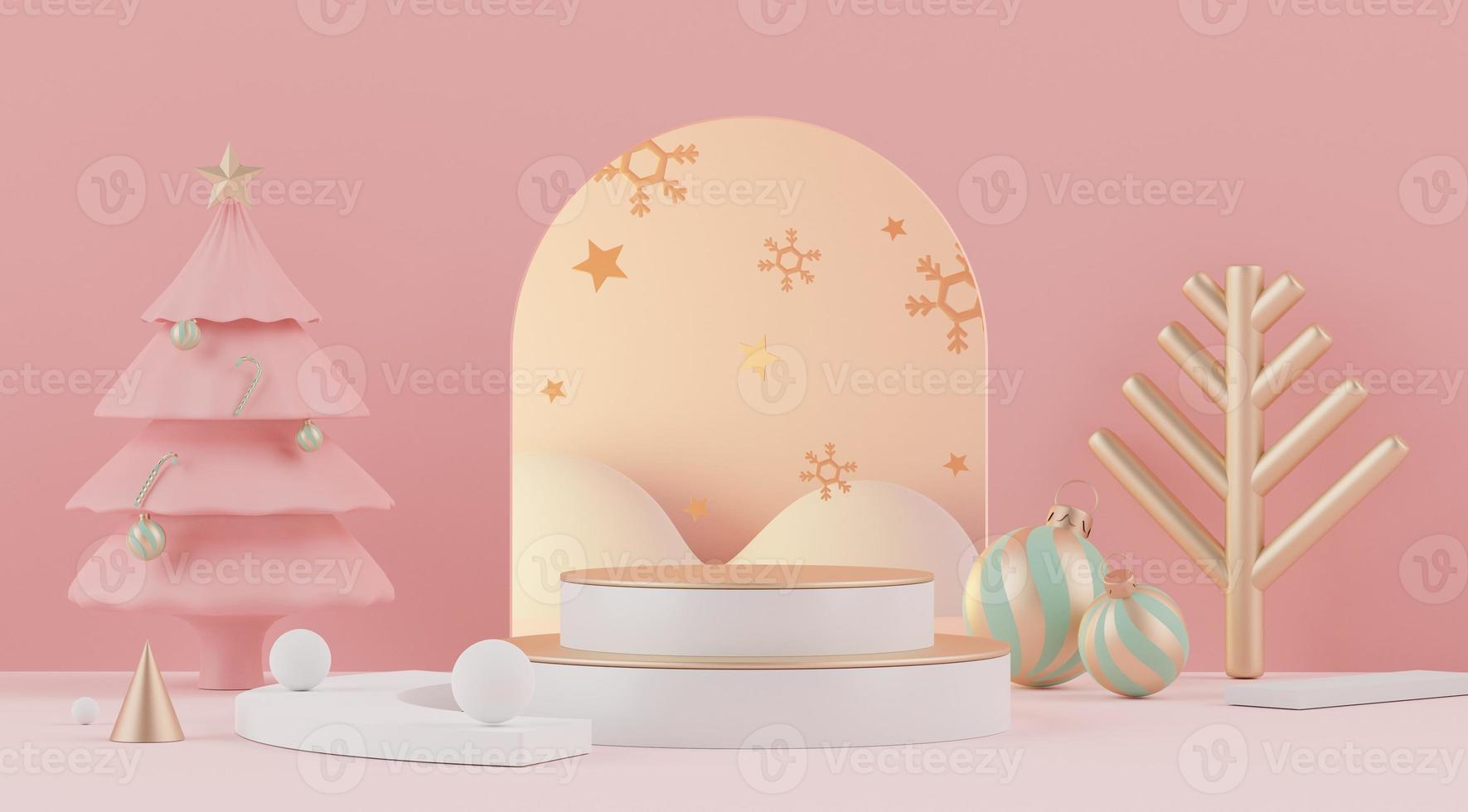 3d rendering scene of Christmas holiday concept decorate with tree and displays podium or pedestal for mock up and products presentation. photo