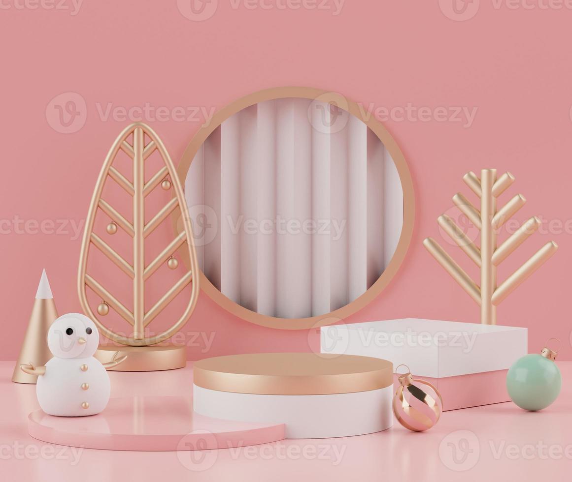 3d rendering scene of Christmas holiday concept decorate with tree and displays podium or pedestal for mock up and products presentation. photo