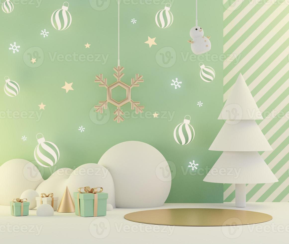 3d rendering scene of Christmas holiday concept decorate with tree and displays podium or pedestal for mock up and products presentation. photo