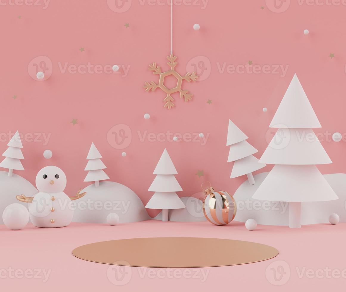 3d rendering scene of Christmas holiday concept decorate with tree and displays podium or pedestal for mock up and products presentation. photo