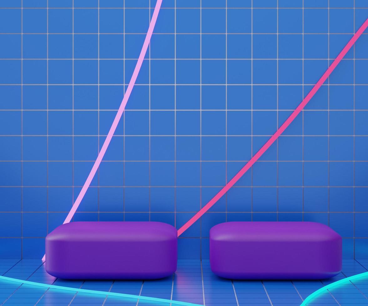 3d geometric forms. Purple Box podium with neon light and blue wall in dark theme. Empty platforms, stage,pedestal, and shopfront for mock up. photo