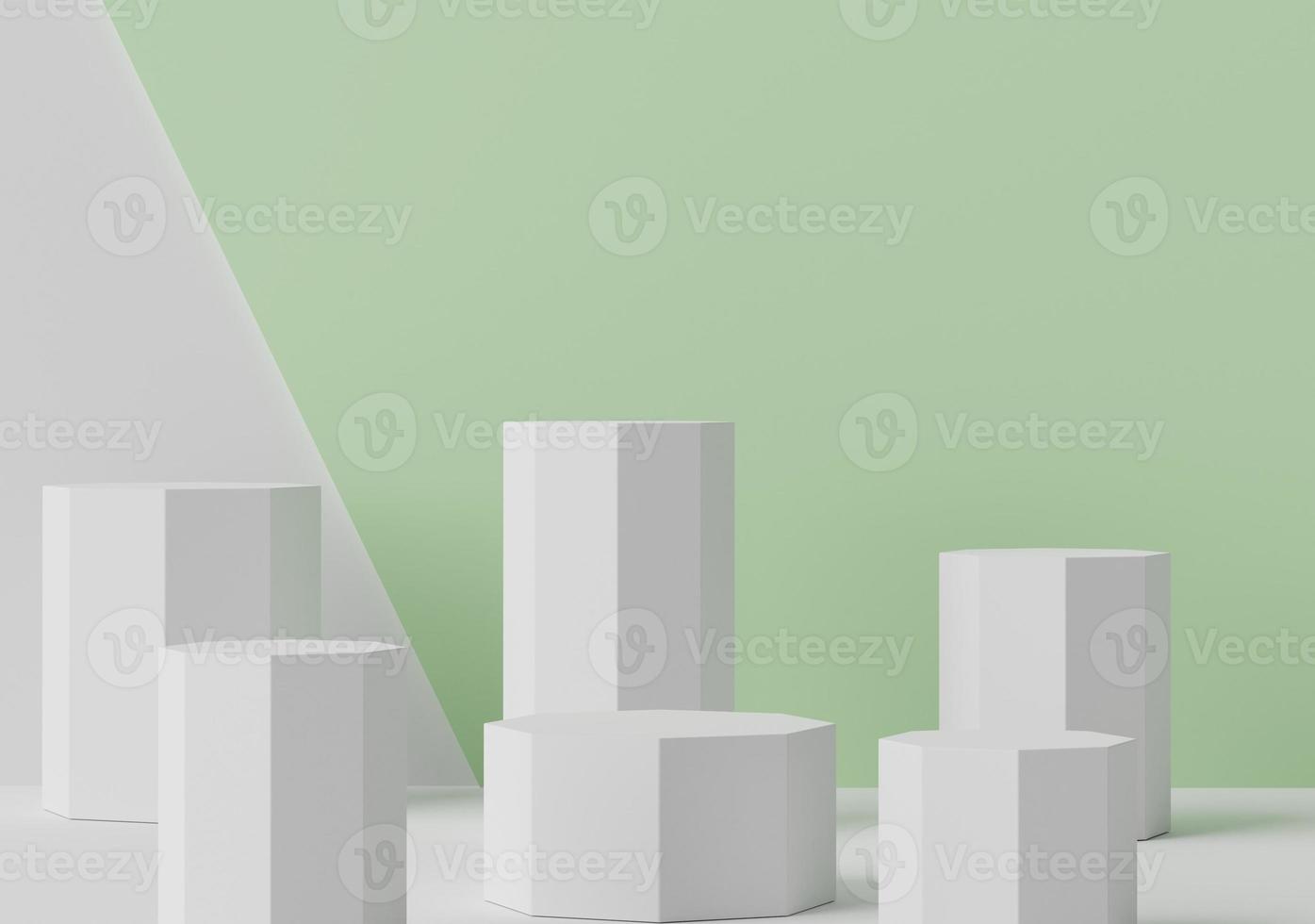 3d geometric forms. Blank podium display in pastel green white color. Minimalist pedestal or showcase scene for present product and mock up. photo