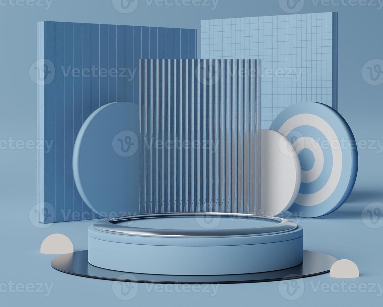 3d Abstract background of empty podium display for products and cosmetic presentation and mock up. Classic blue color pedestal or showcase with minimal geometry shapes. photo