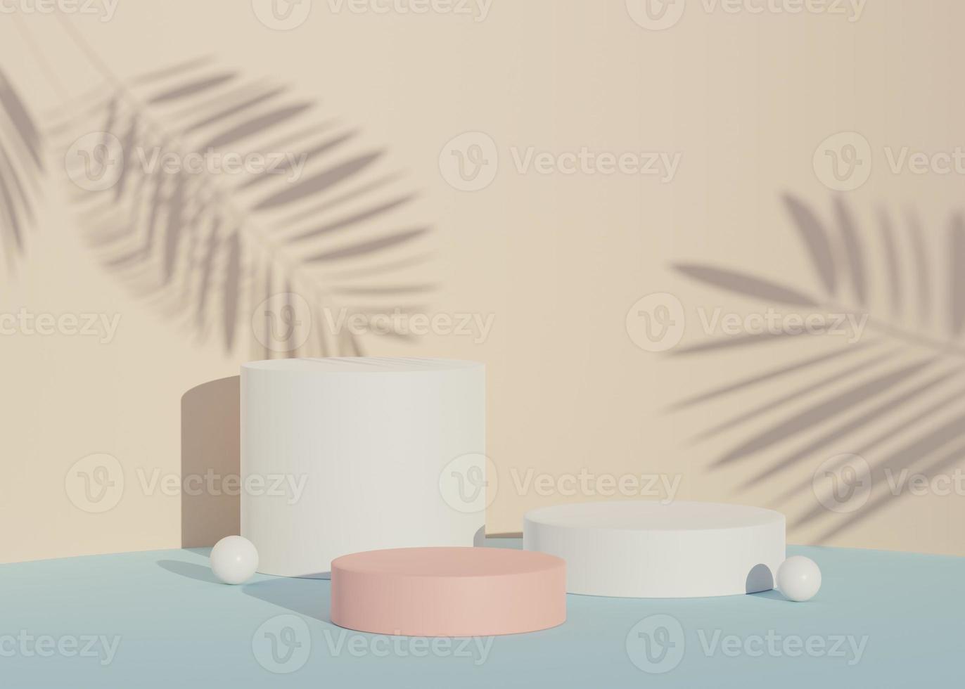 3D Abstract background of empty podium display for products and cosmetic presentation and mock up. Classy modern pedestal or showcase with shadow of palm leaves. Colorful scene. Summer time. photo