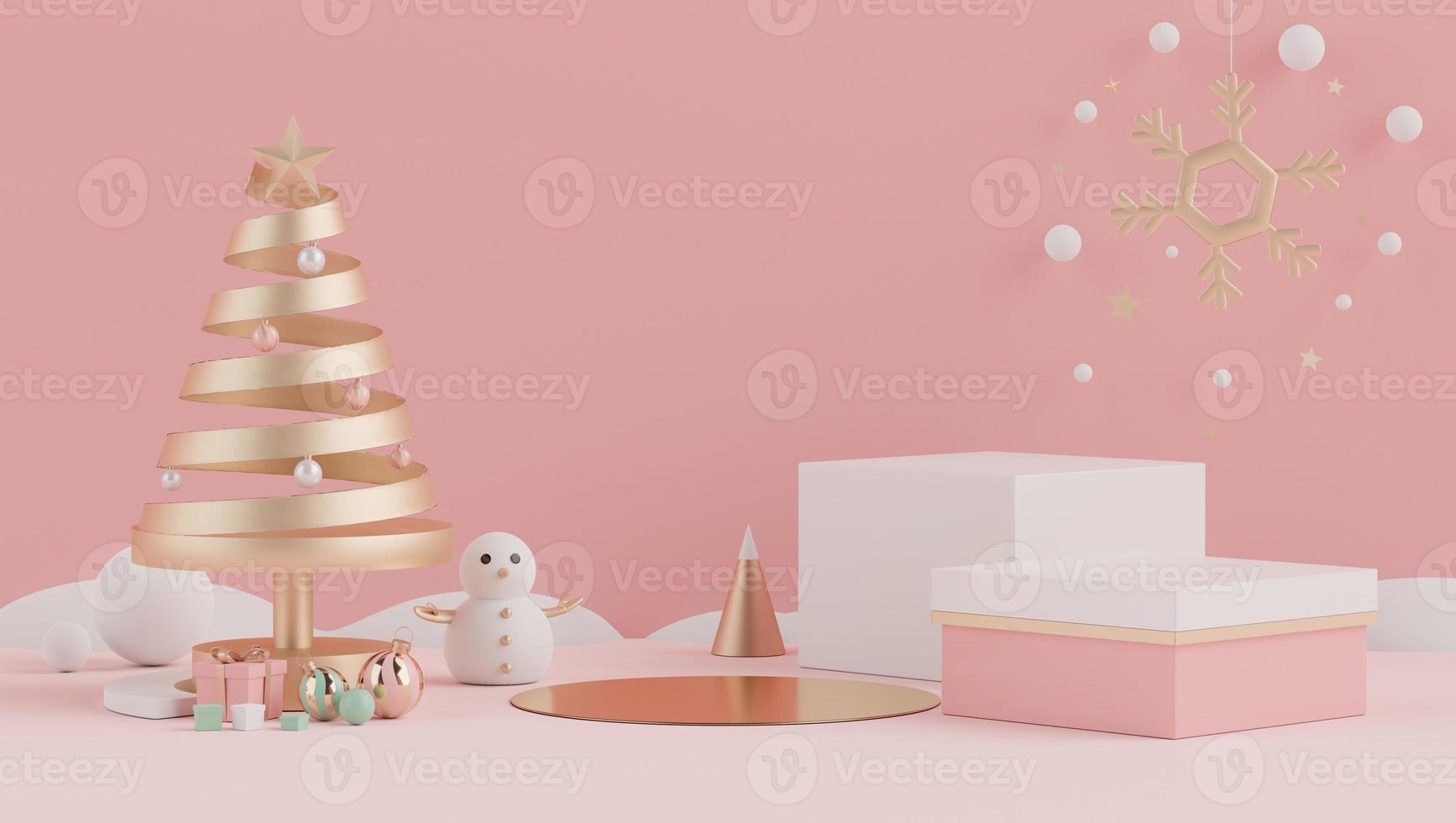3d rendering scene of Christmas holiday concept decorate with tree and displays podium or pedestal for mock up and products presentation. photo