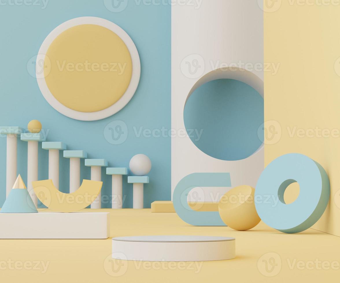 3d abstract render minimal scene of pastel blue yellow and pink color Podium for display products and advertising with clean background photo