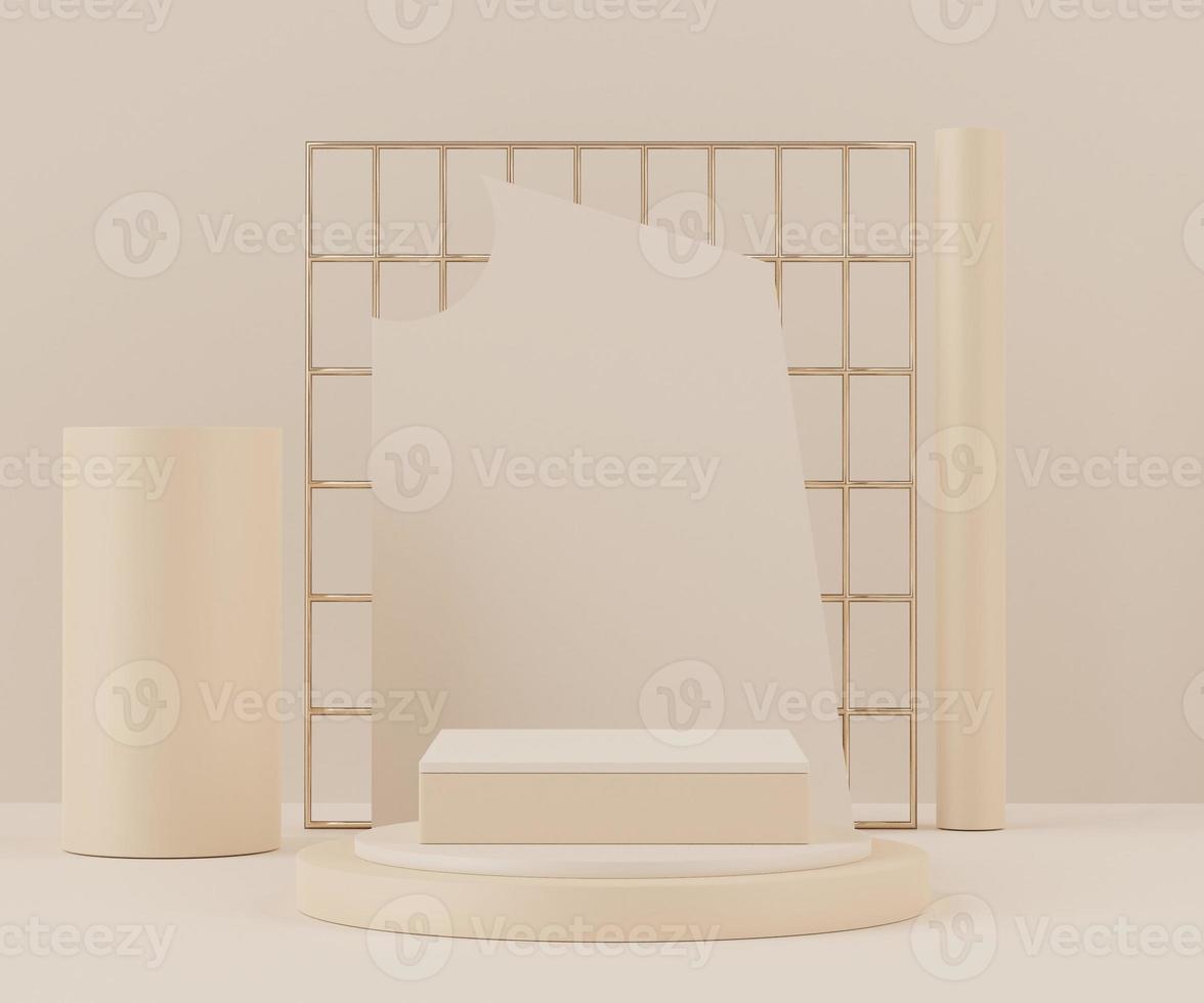 3d Abstract background of empty podium display for products and cosmetic presentation and mock up. Pastel cream colors pedestal or showcase with minimal geometry shapes. Colorful scene. photo