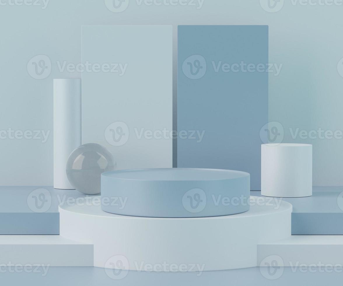 3d abstract background of empty podium display for products and cosmetic presentation and mock up. Blue colors of blank pedestal or showcase with minimal geometry shapes. Colorful scene. photo