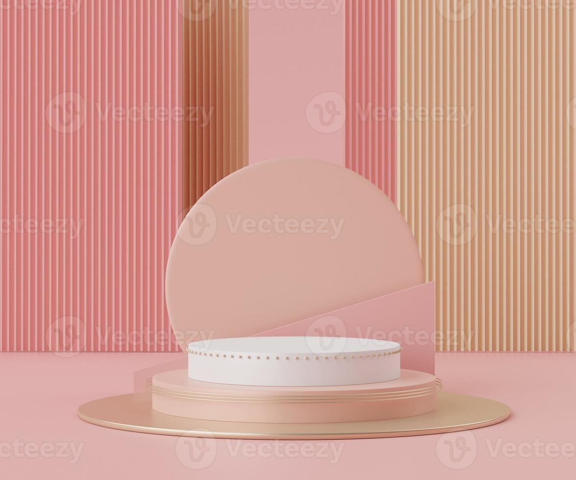 3d Abstract background of empty podium display for products and cosmetic presentation and mock up. Pink coral color pedestal or showcase with minimal geometry shapes. Colorful scene. photo