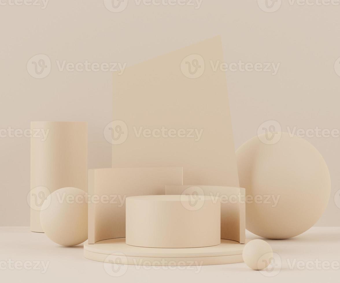 3d Abstract background of empty podium display for products and cosmetic presentation and mock up. Pastel cream colors pedestal or showcase with minimal geometry shapes. Colorful scene. photo