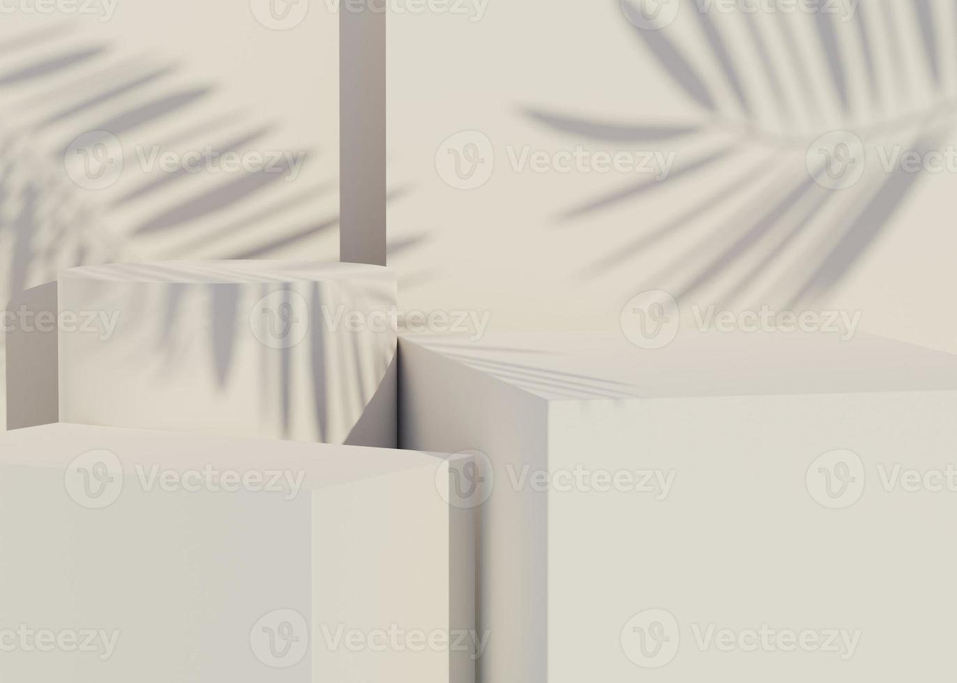 3D Abstract background of empty podium display for products and cosmetic presentation and mock up. Classy modern pedestal or showcase with shadow of palm leaves. Colorful scene. Summer time. photo