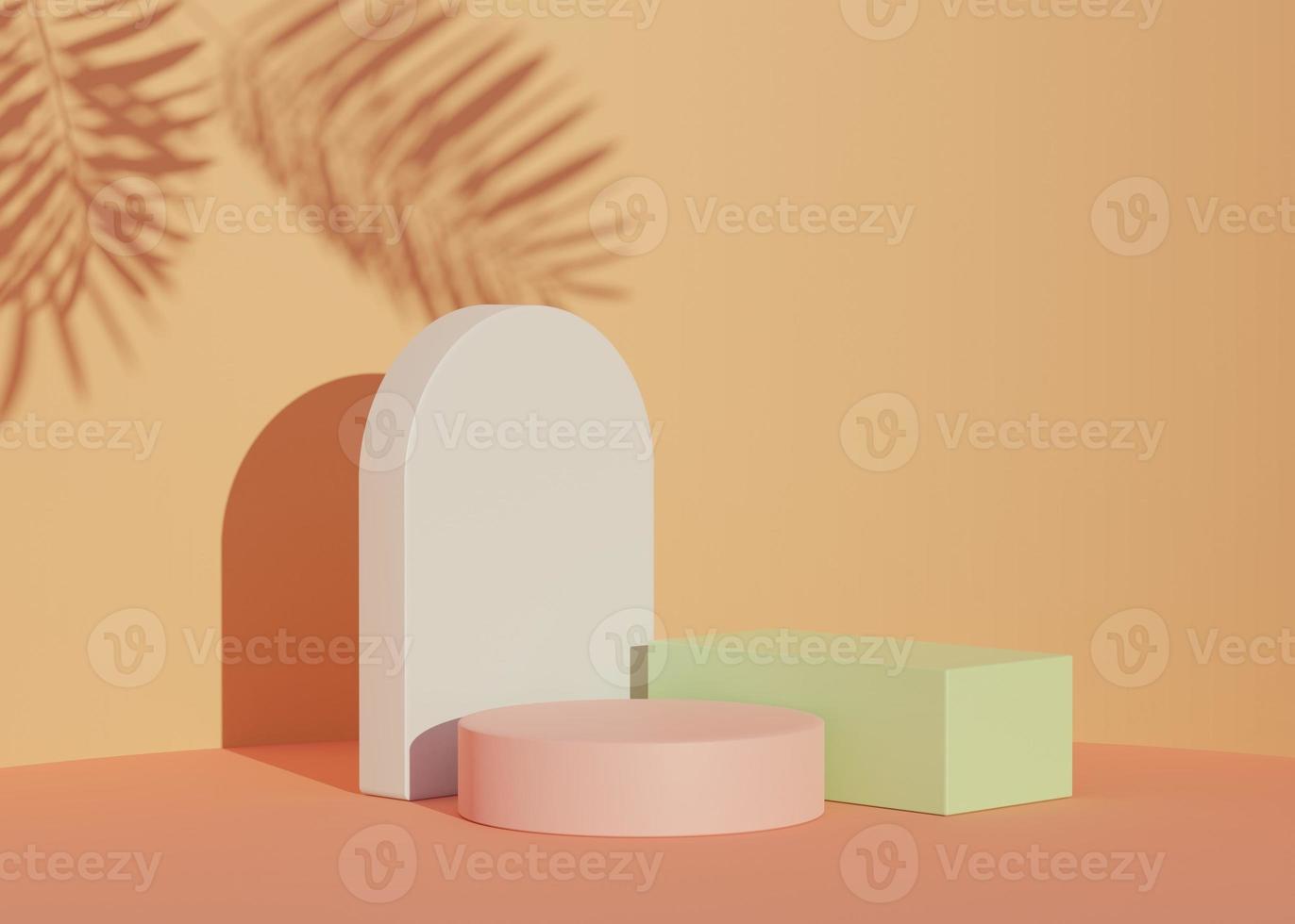 3D Abstract background of empty podium display for products and cosmetic presentation and mock up. Classy modern pedestal or showcase with shadow of palm leaves. Colorful scene. Summer time. photo