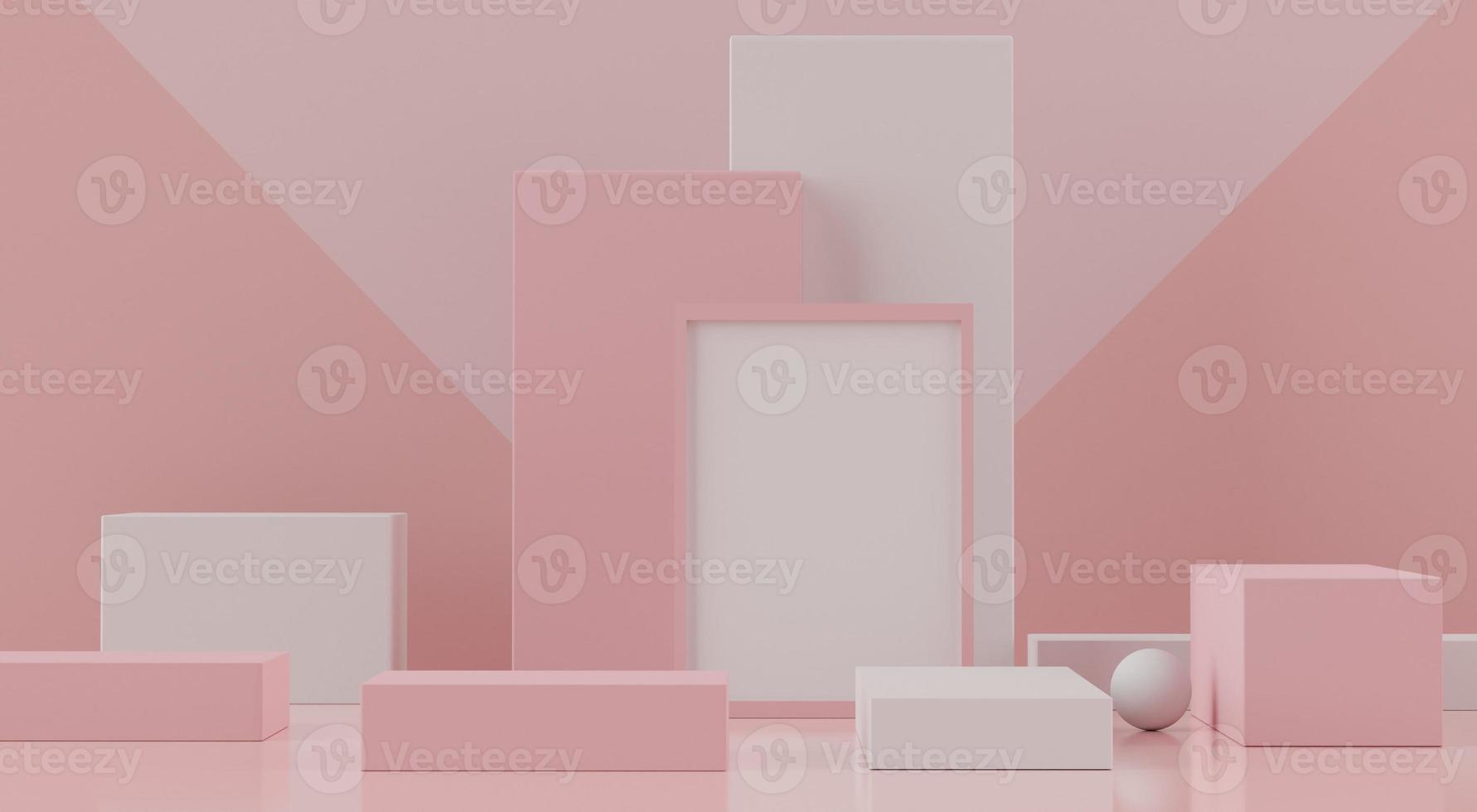 3d rendering of pink coral minimal displays podium or pedestal for mock up and products presentation with abstract simple geometric shapes. photo