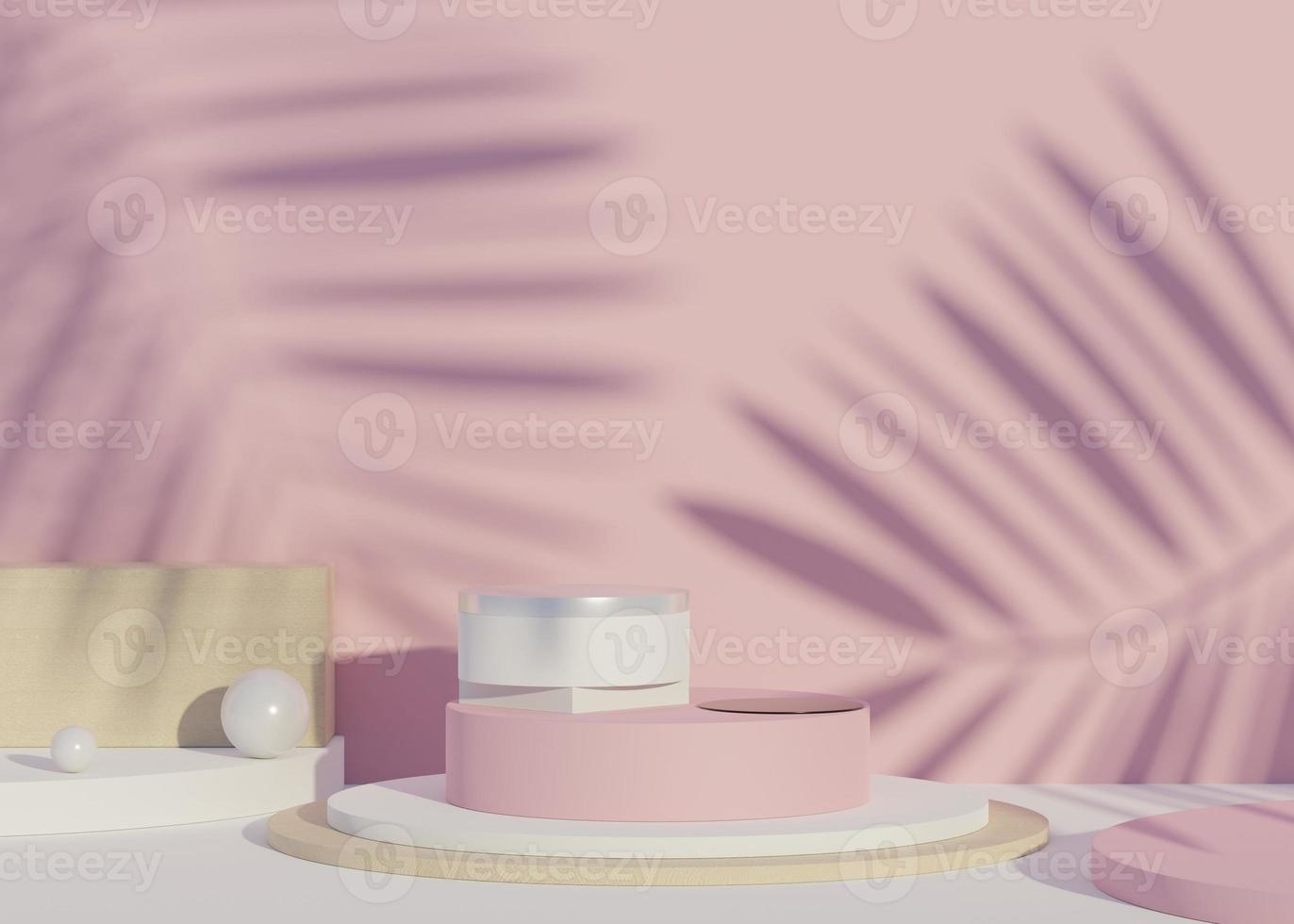 3D Abstract background of empty podium display for products and cosmetic presentation and mock up. Classy modern pedestal or showcase with shadow of palm leaves. Colorful scene. Summer time. photo