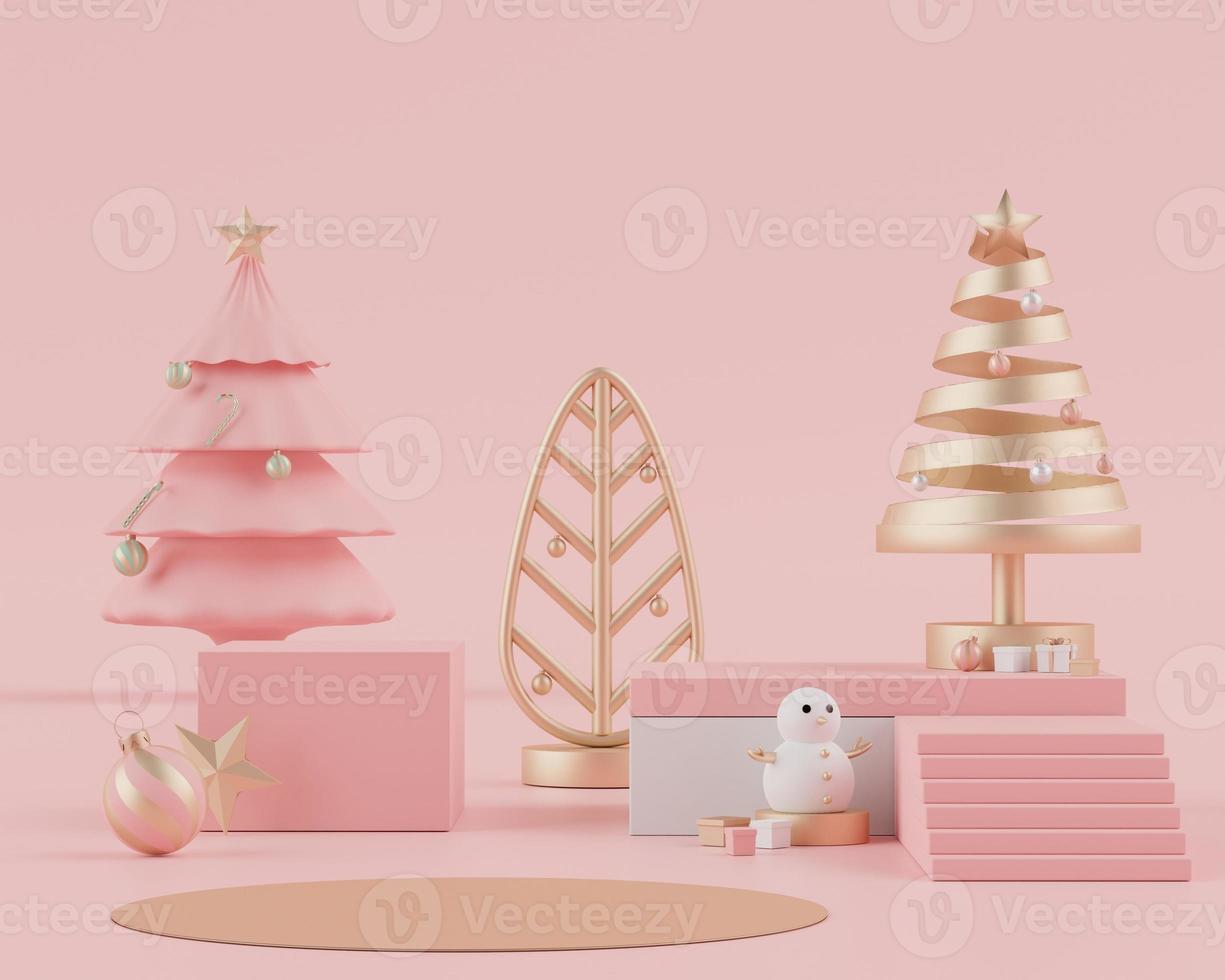 3d rendering scene of Christmas holiday concept decorate with tree and displays podium or pedestal for mock up and products presentation. photo