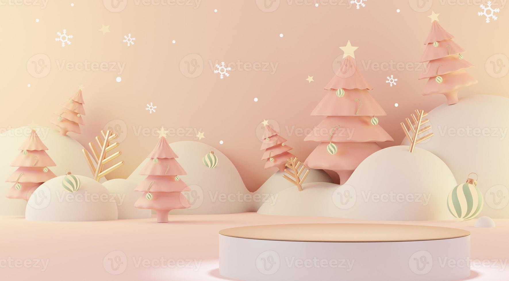 3d rendering scene of Christmas holiday concept decorate with tree and displays podium or pedestal for mock up and products presentation. photo