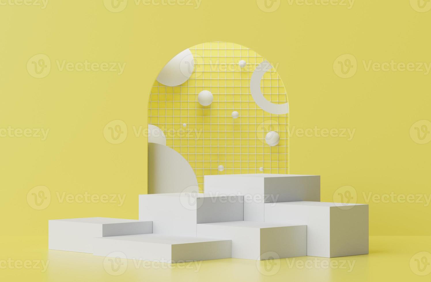 3d rendering of minimal displays podium or pedestal for mock up and products presentation with abstract simple geometric shapes with illuminating yellow background. photo
