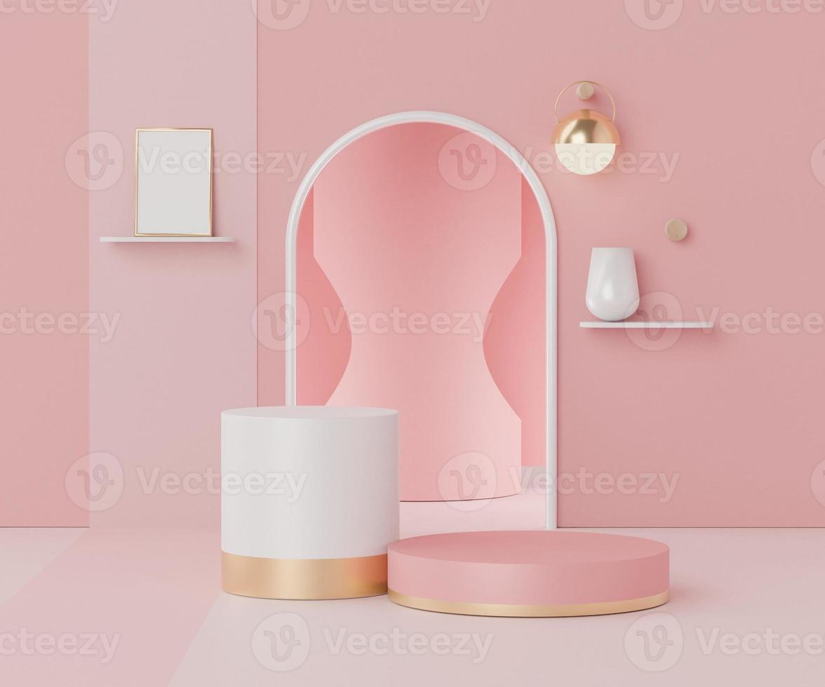 3d abstract render minimal scene of pink coral Podium for display products and advertising with clean background photo