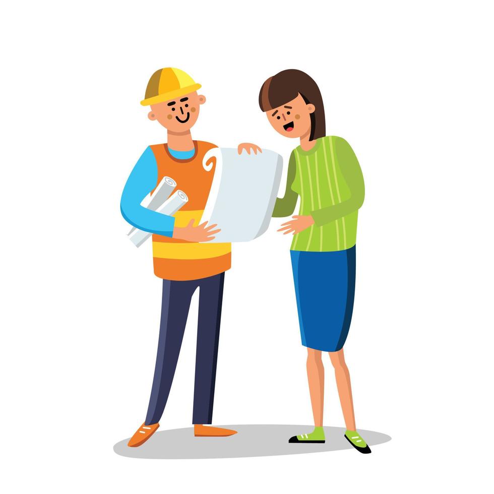 Engineer Builder Discussing With Woman Vector Illustration