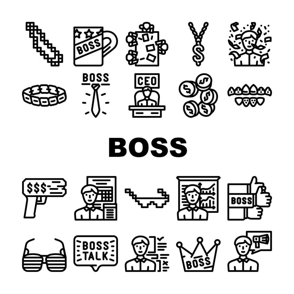 jefe, líder, hombre de negocios, accesorio, iconos, conjunto, vector
