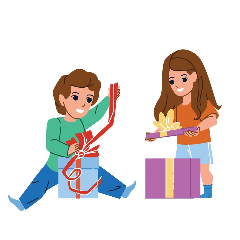 niño y niña niños abriendo cajas de regalo vector