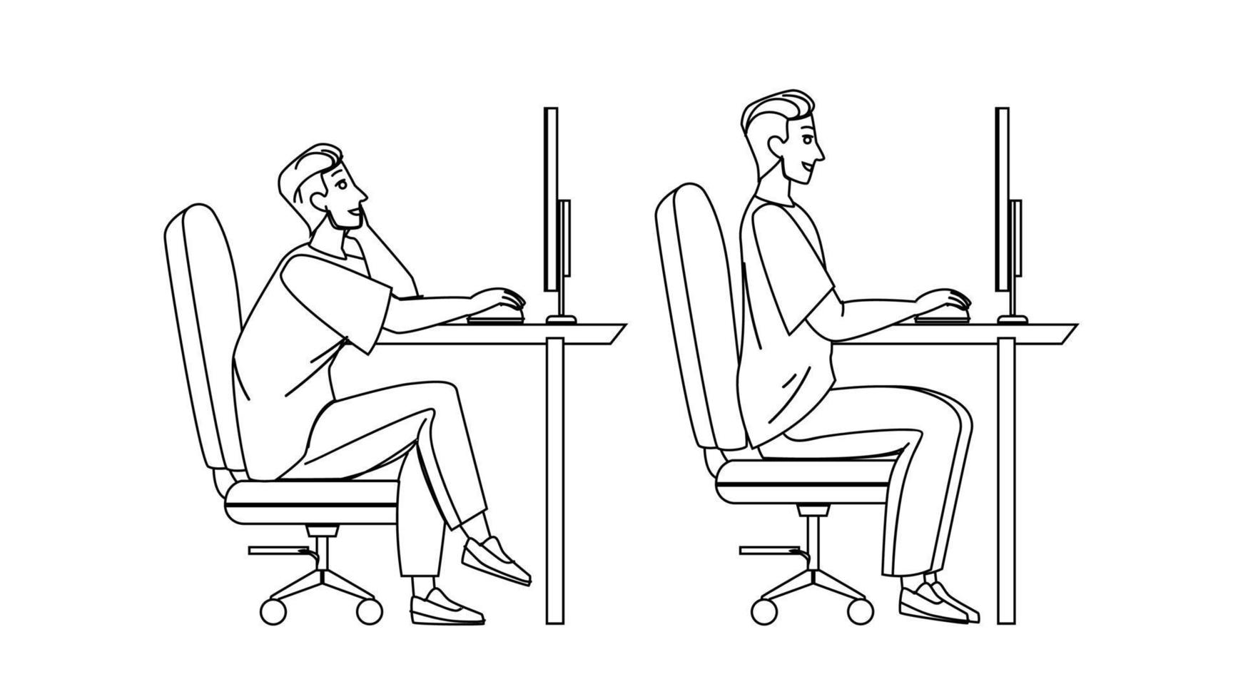 In Ergonomic Posture Sit Man At Computer Vector