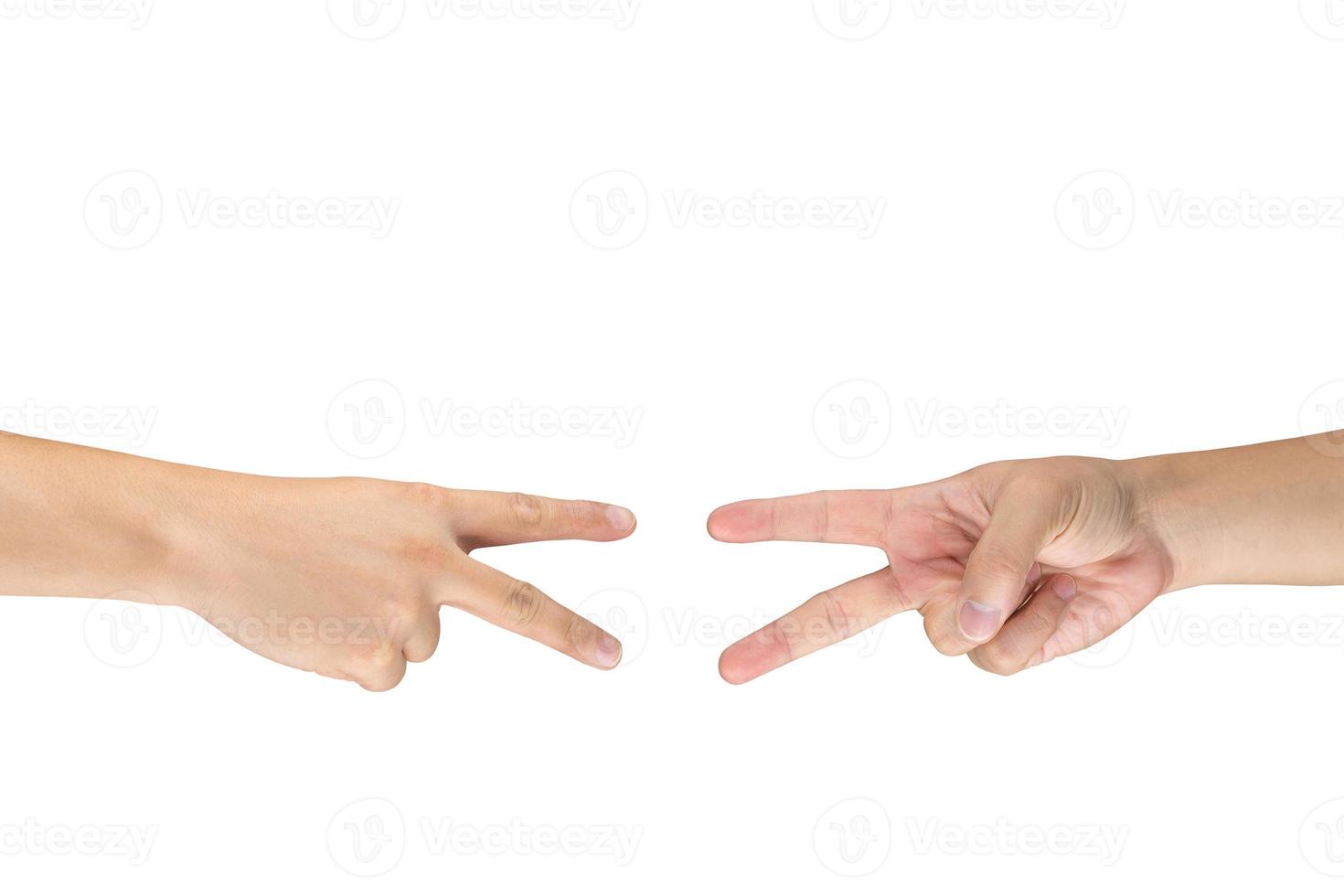 Rock Paper Scissors gambling hand game for all of ages and sex. This is Asian male hands post on white background. photo