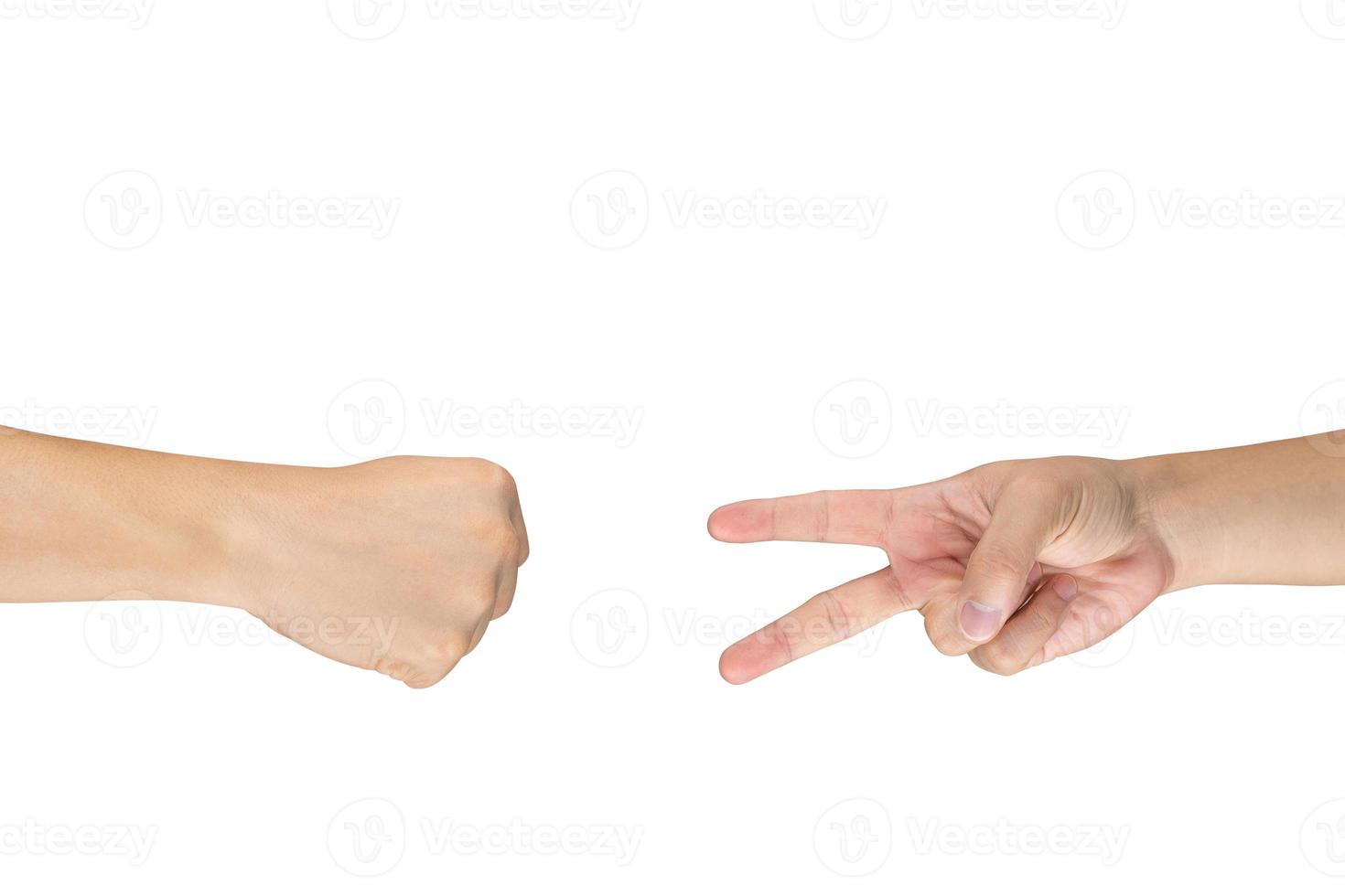 Rock Paper Scissors gambling hand game for all of ages and sex. This is Asian male hands post on white background. photo