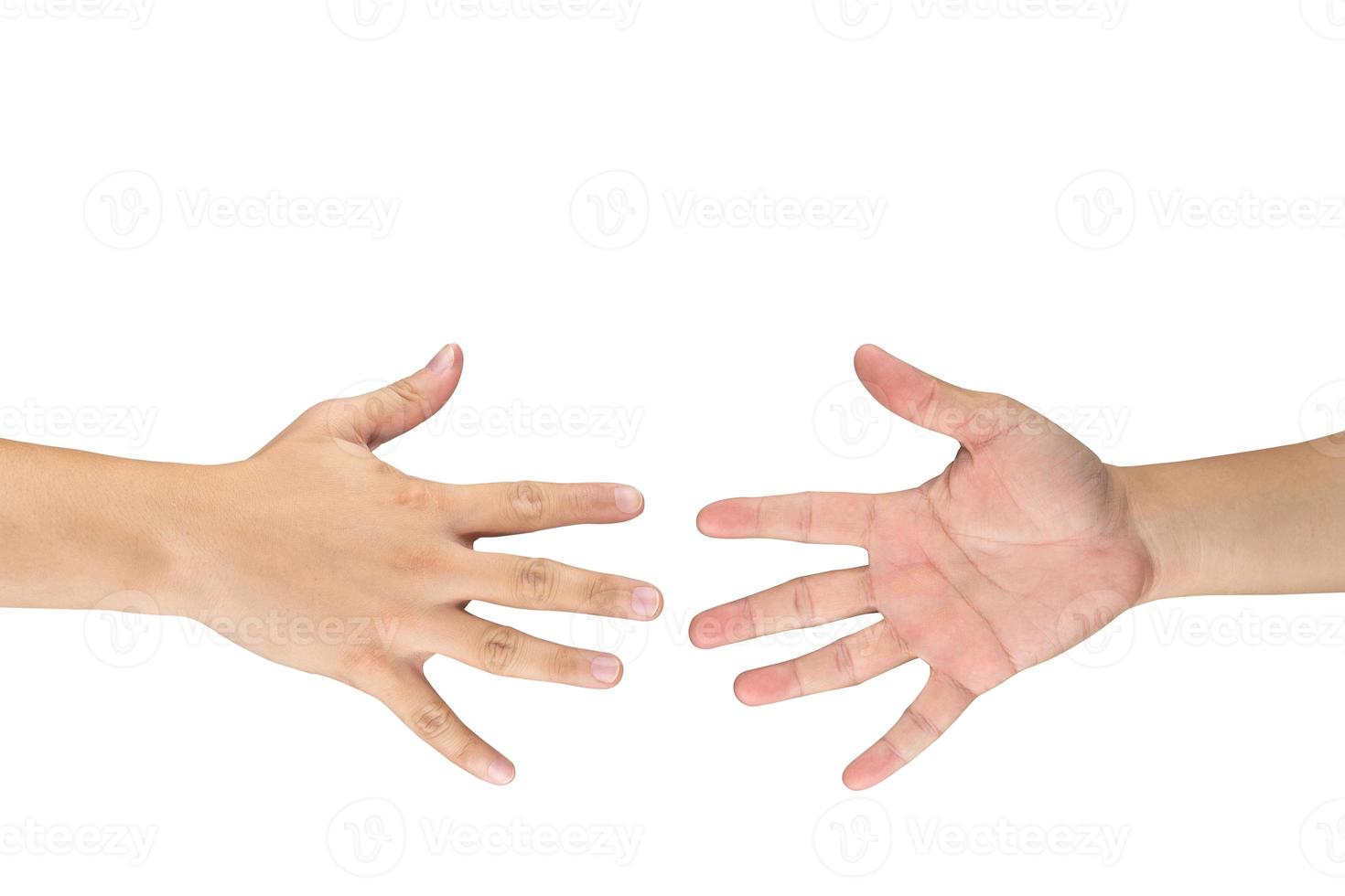 Rock Paper Scissors gambling hand game for all of ages and sex. This is Asian male hands post on white background. photo