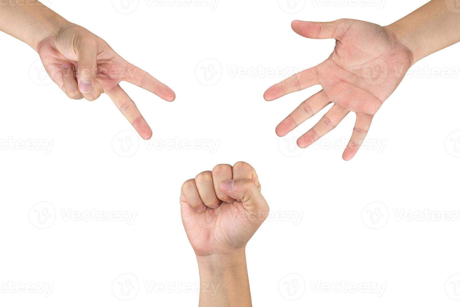 Rock Paper Scissors gambling hand game for all of ages and sex. This is Asian male hands post on white background. photo