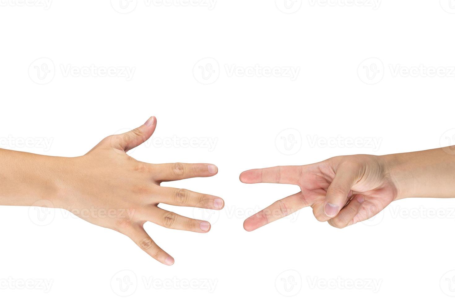 Rock Paper Scissors gambling hand game for all of ages and sex. This is Asian male hands post on white background. photo