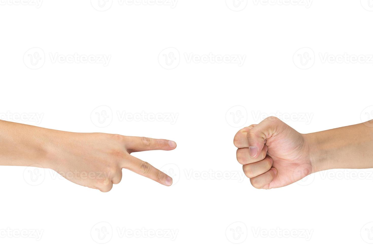 Rock Paper Scissors gambling hand game for all of ages and sex. This is Asian male hands post on white background. photo