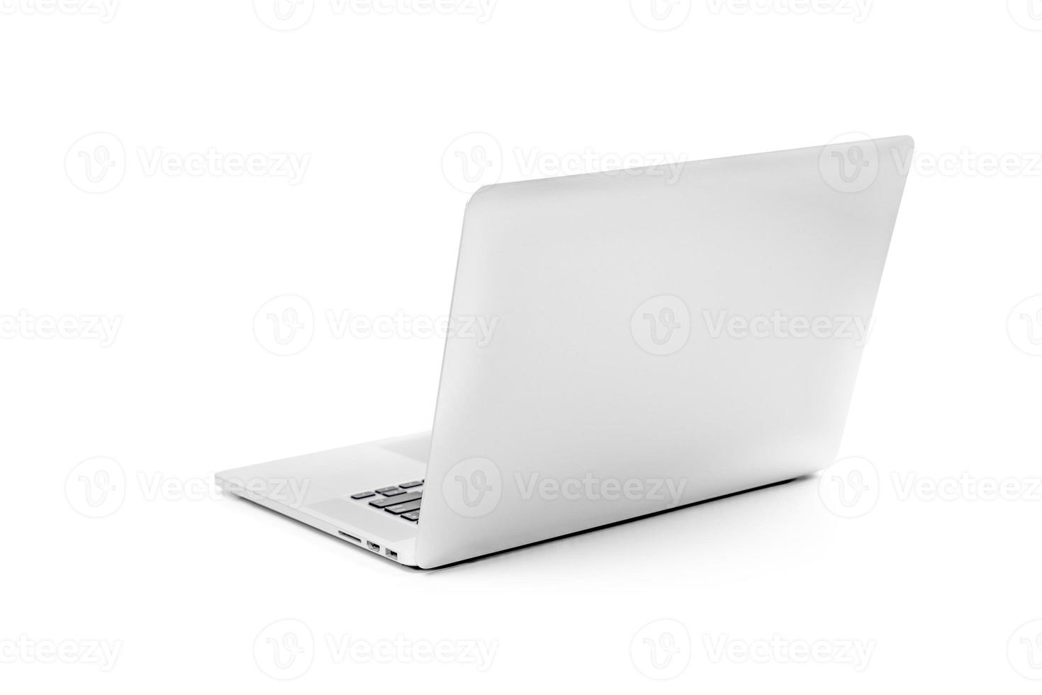 Laptop gray metalic sliver colour notebook in backside view open cover on the white background. Clipping Path. photo