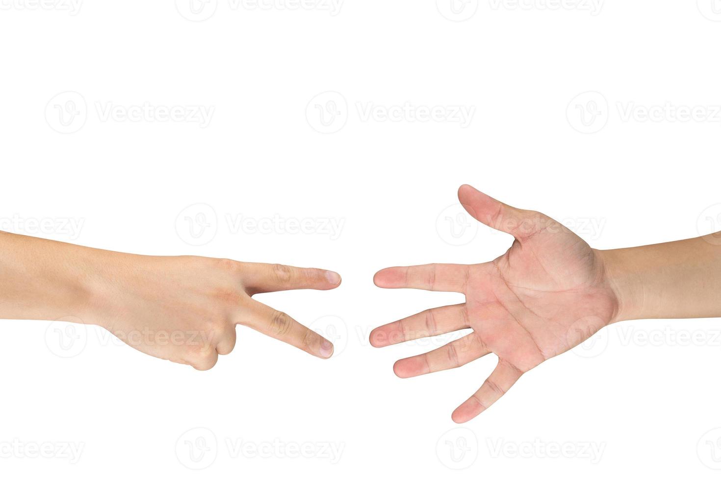 Rock Paper Scissors gambling hand game for all of ages and sex. This is Asian male hands post on white background. photo