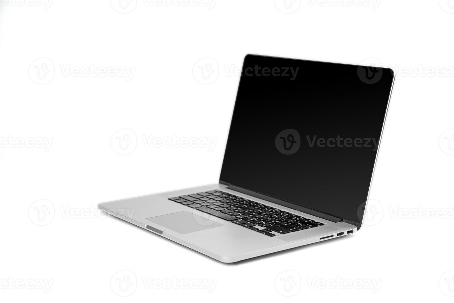 Laptop gray metalic sliver colour notebook beside view open cover on the white background. Clipping Path. photo