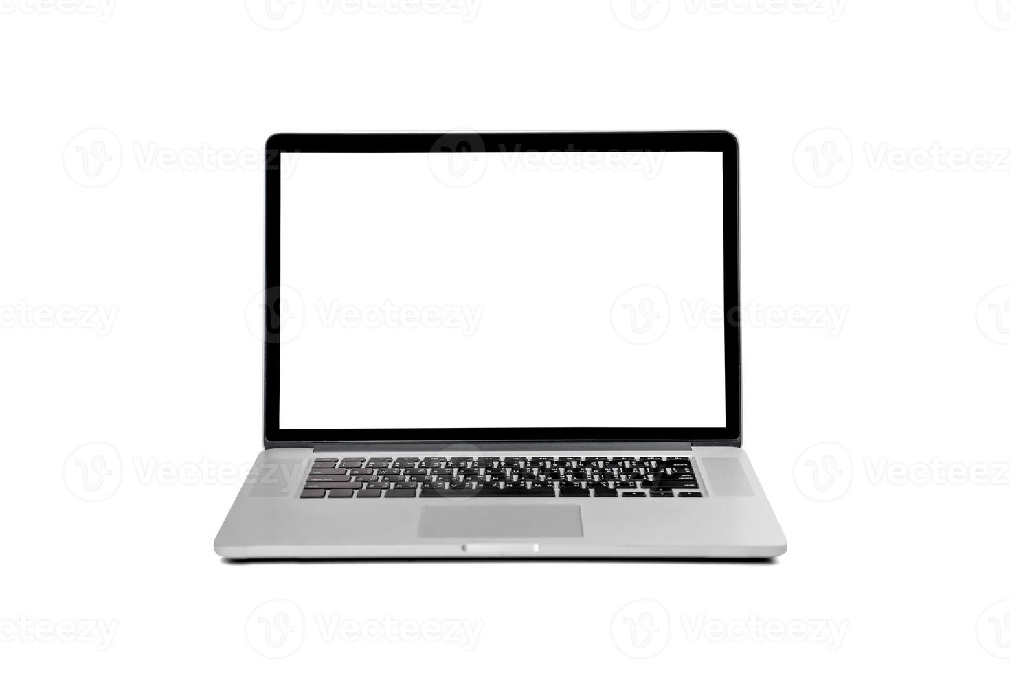 Laptop gray metalic sliver colour notebook in front side view open cover on the white background. laptop hardware and white screen Clipping Path. photo