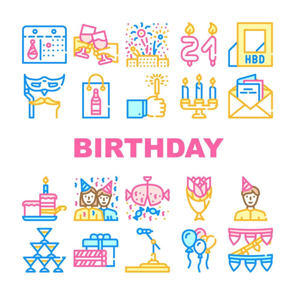 Birthday Event Party Collection Icons Set Vector