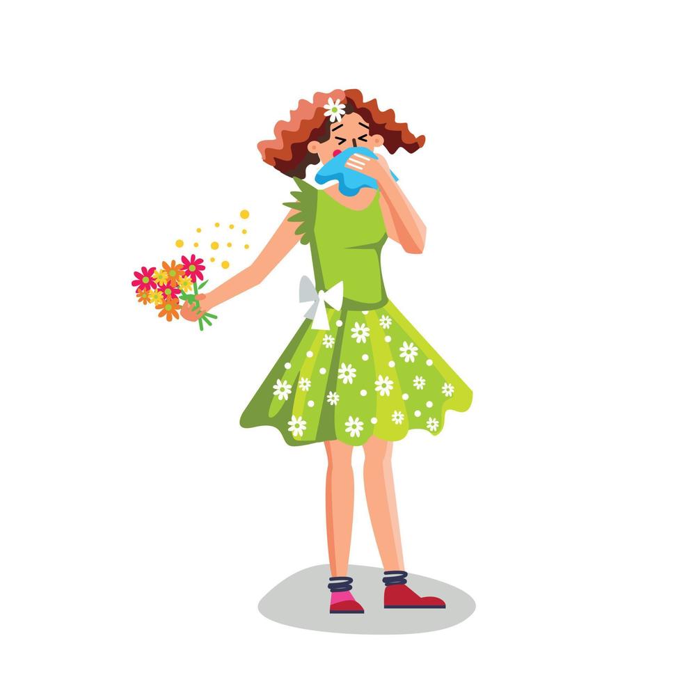 Allergy Woman Sneezing In Handkerchief Vector Illustration