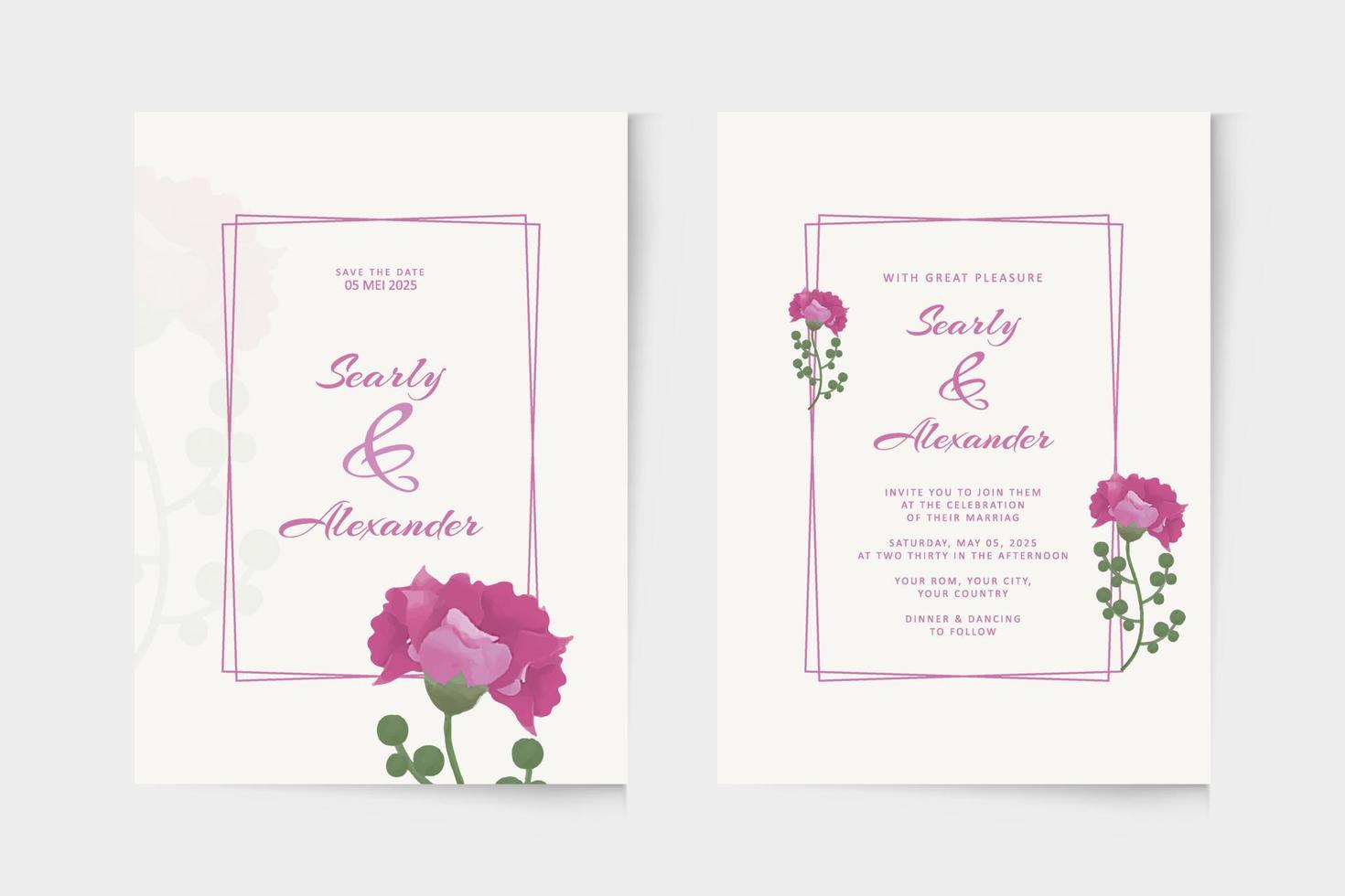 Modern wedding invitation template with purple floral watercolor ornament vector