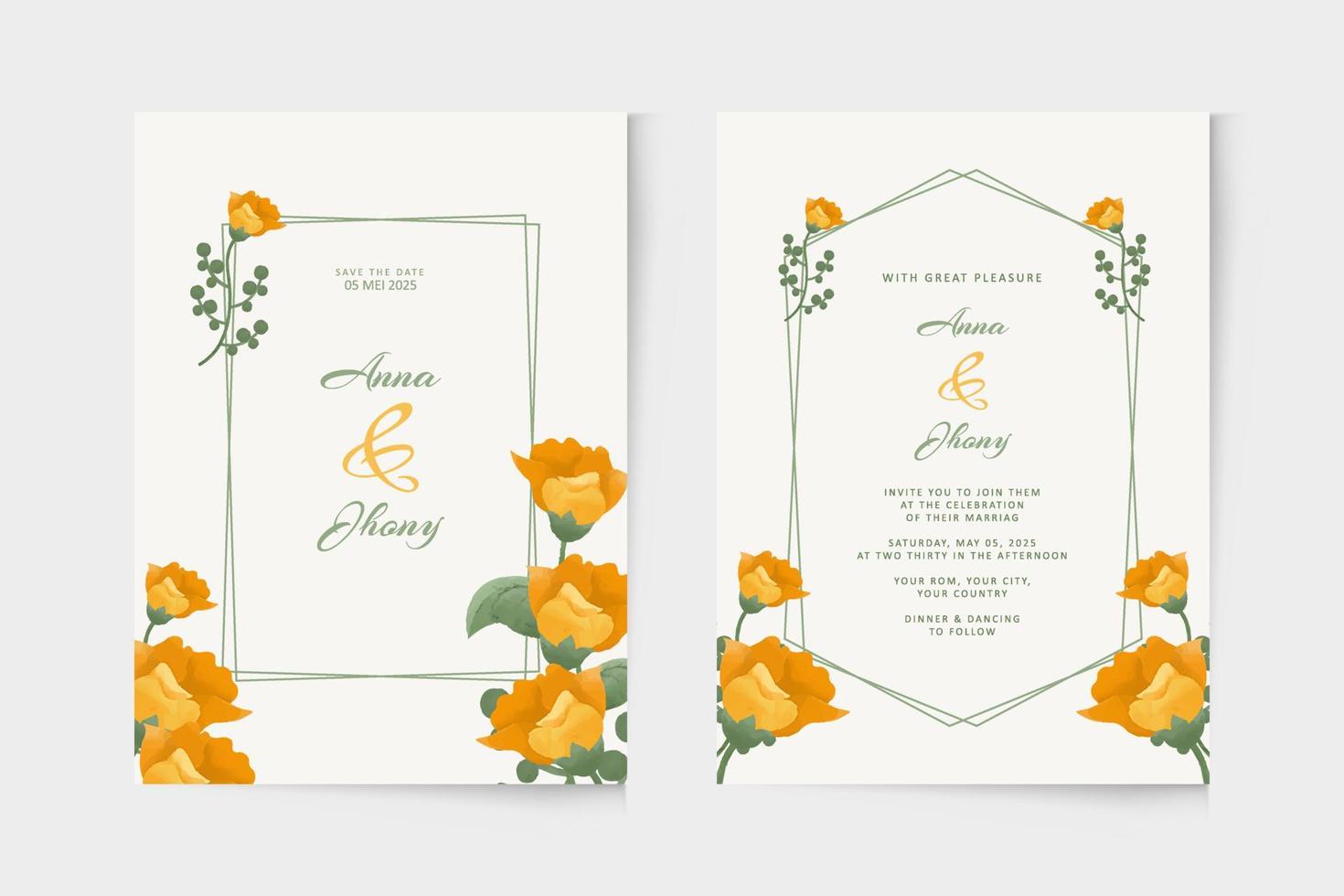 Modern wedding invitation template with yellow floral watercolor ornament vector