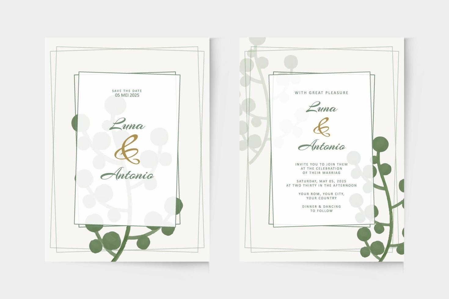 Simple wedding invitation template with green plant watercolor vector