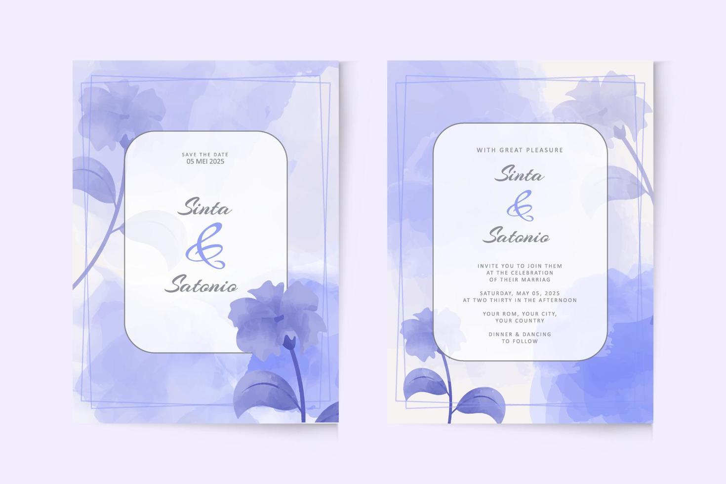 plantilla de invitación de boda floral púrpura simple acuarela vector