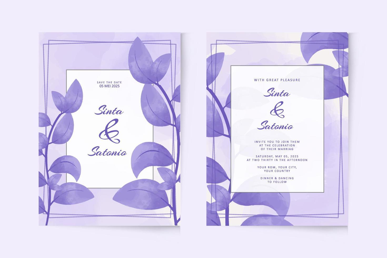 plantilla de invitación de boda simple con plantas moradas de acuarela vector