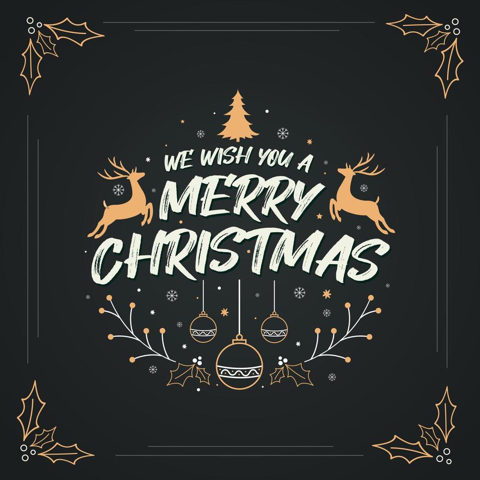 We wish you a Merry Christmas, Merry Christmas greeting card design with snowflakes, holly leaves, stars, deer and other Xmas decorative elements. vector