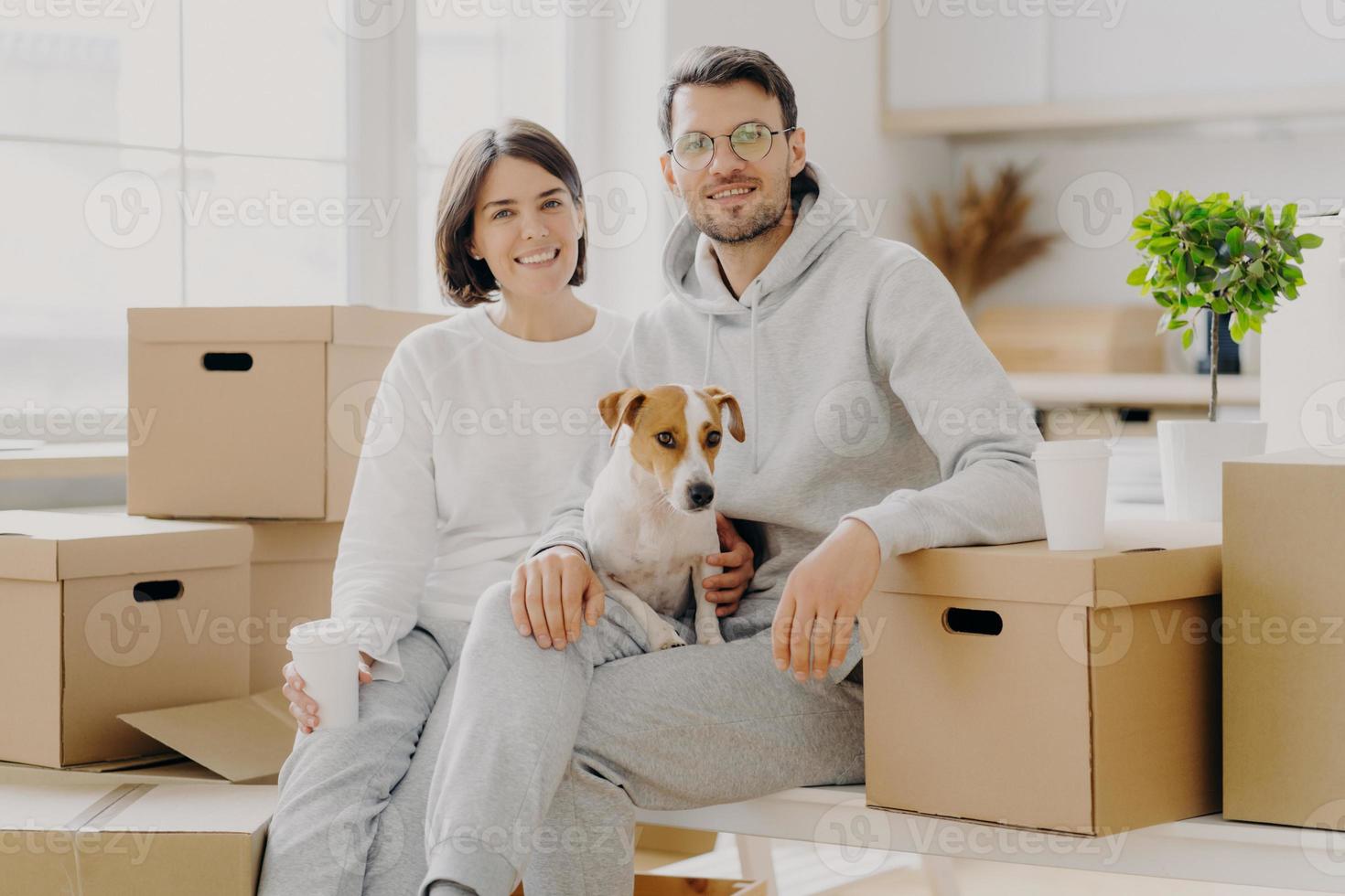 Positive woman and man pose near stack of cardboard boxes, pose for making portrait with dog, relocate in new living place, wear white casual clothes, pose in spacious kitchen with big windows photo