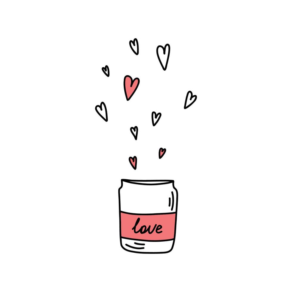 A cute cartoon jar filled with heart. Love and valentine's day concept. Colorful trendy vector illustration for greetings, postcard, cards.